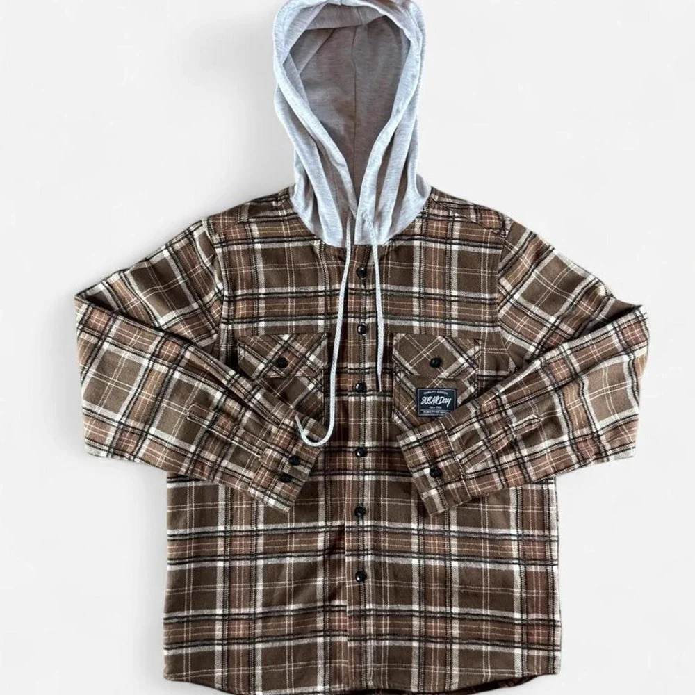 808AllDay Hooded Flannel Shirt Jacket Brown Plaid Shacket Skate Streetwear